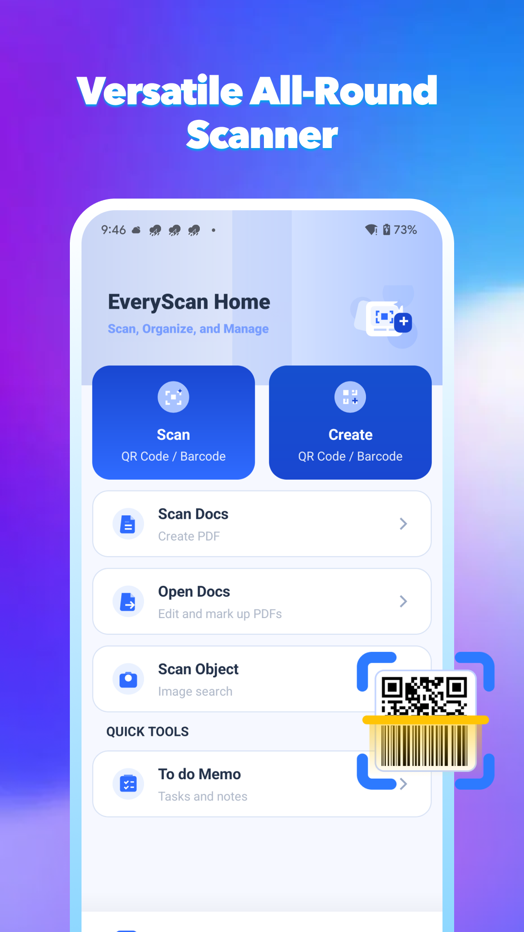 EveryScan Home dashboard showing scan, create, document, PDF, object scan, and memo tools